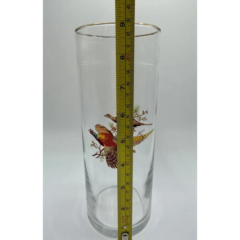 West Virginia Glass Pheasant Vase Vintage MCM Gold Rim 8.5 Inch Cylinder